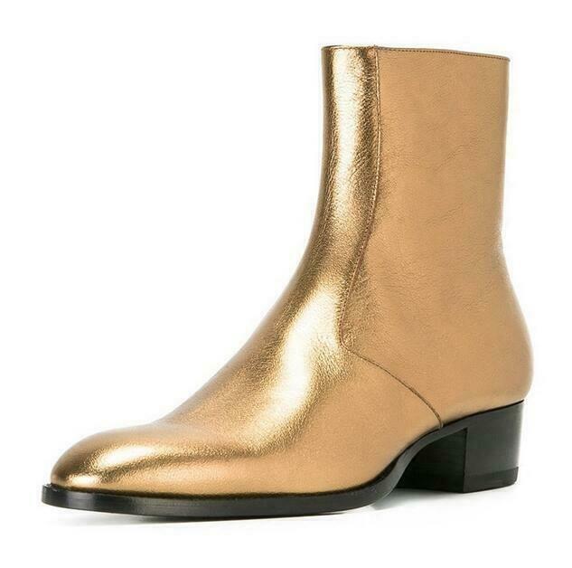 Men's Shiny Leather Ankle Boots with Zipper Pointed Toe Cowboy Chelsea Style