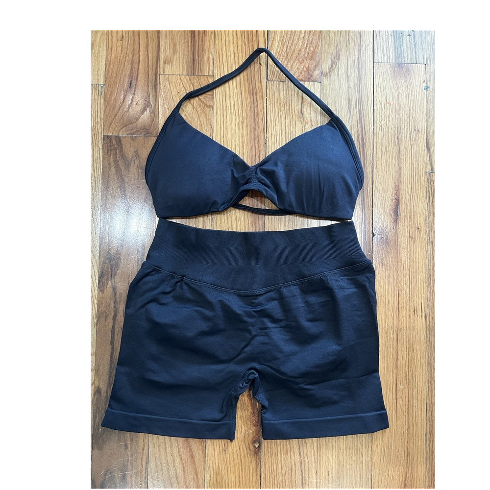 Women's Black Solid 2-Piece Outfit Set Halter Bra & Shorts Size L Sleeveless