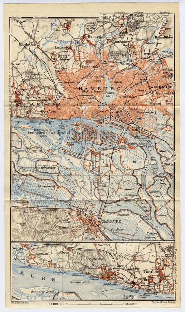 1925 Original Vintage Map Of City Of Hamburg / Harburg Blankenese / Germany