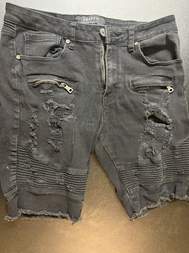 Traffic Original Denim Shorts Distressed Size 33 Mens Black Jean Shorts Stretch