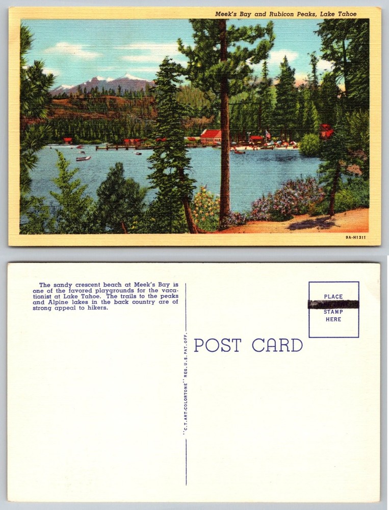 Meek's Bay Rubicon Peaks Lake Tahoe Linen Postcard 1939 CT Art-Colortone