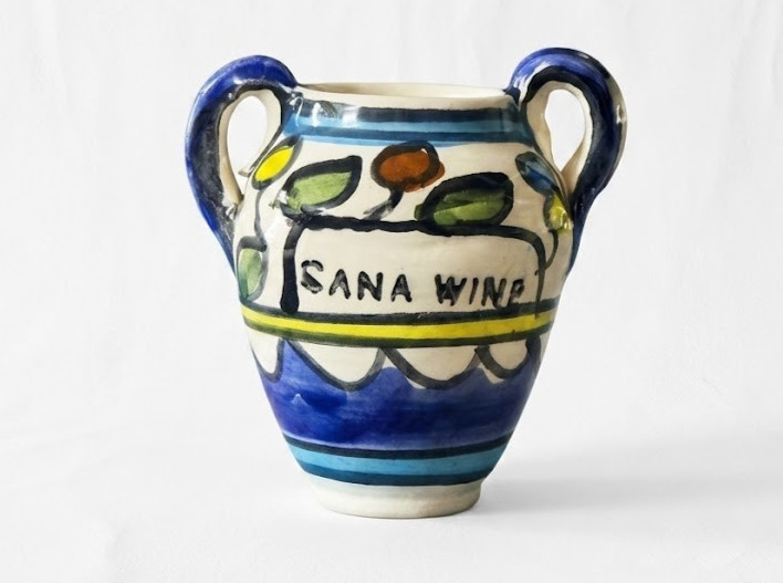 Vintage Hand Painted Sana Wine Ceramic Vase Pottery Jar Blue Mediterranean Decor