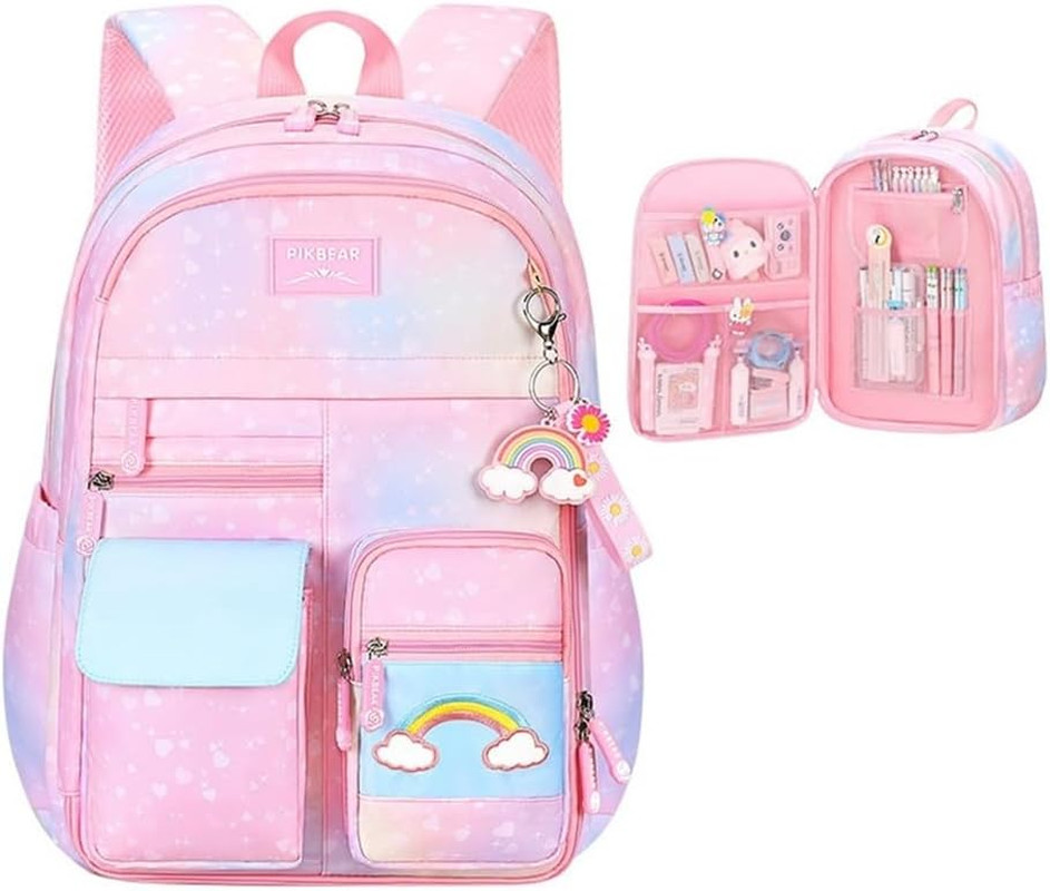 Gradient Rainbow Kids Backpack for Girls Elementary School Heart-Print Kids Book