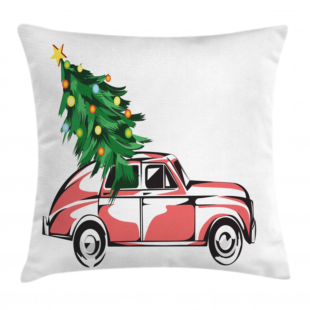 Christmas Retro Car Xmas Tree Square Pillow Cover 20 Inch Cushion Case