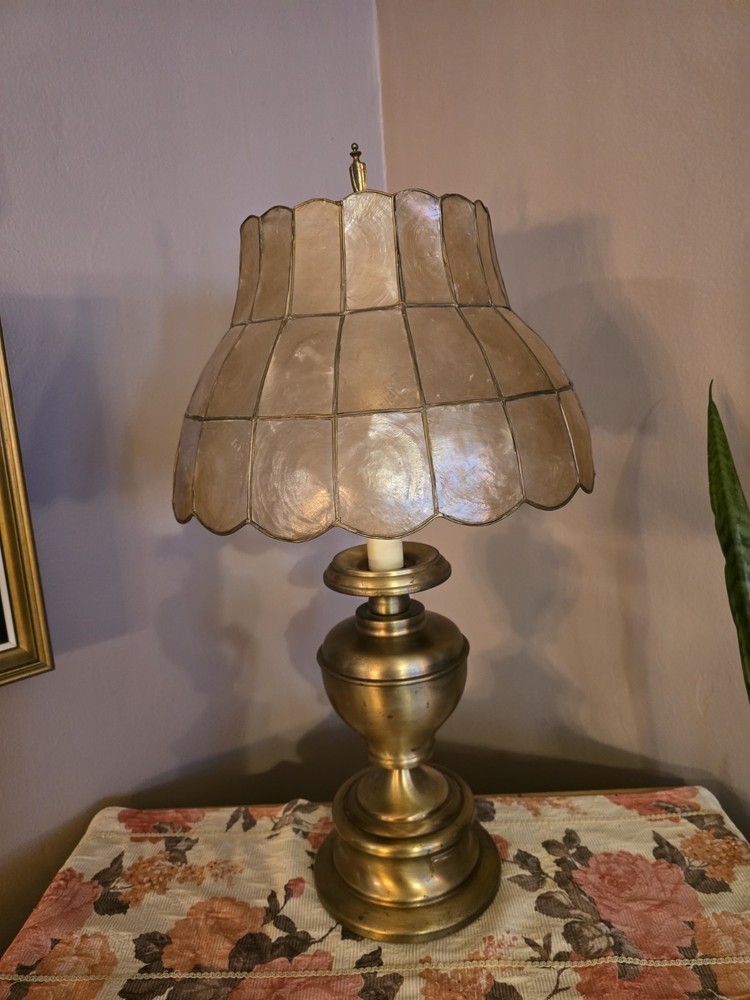 Vintage 1970s Brass Neoclassical Style Table Lamp Trophy Urn Capiz Shell Shade