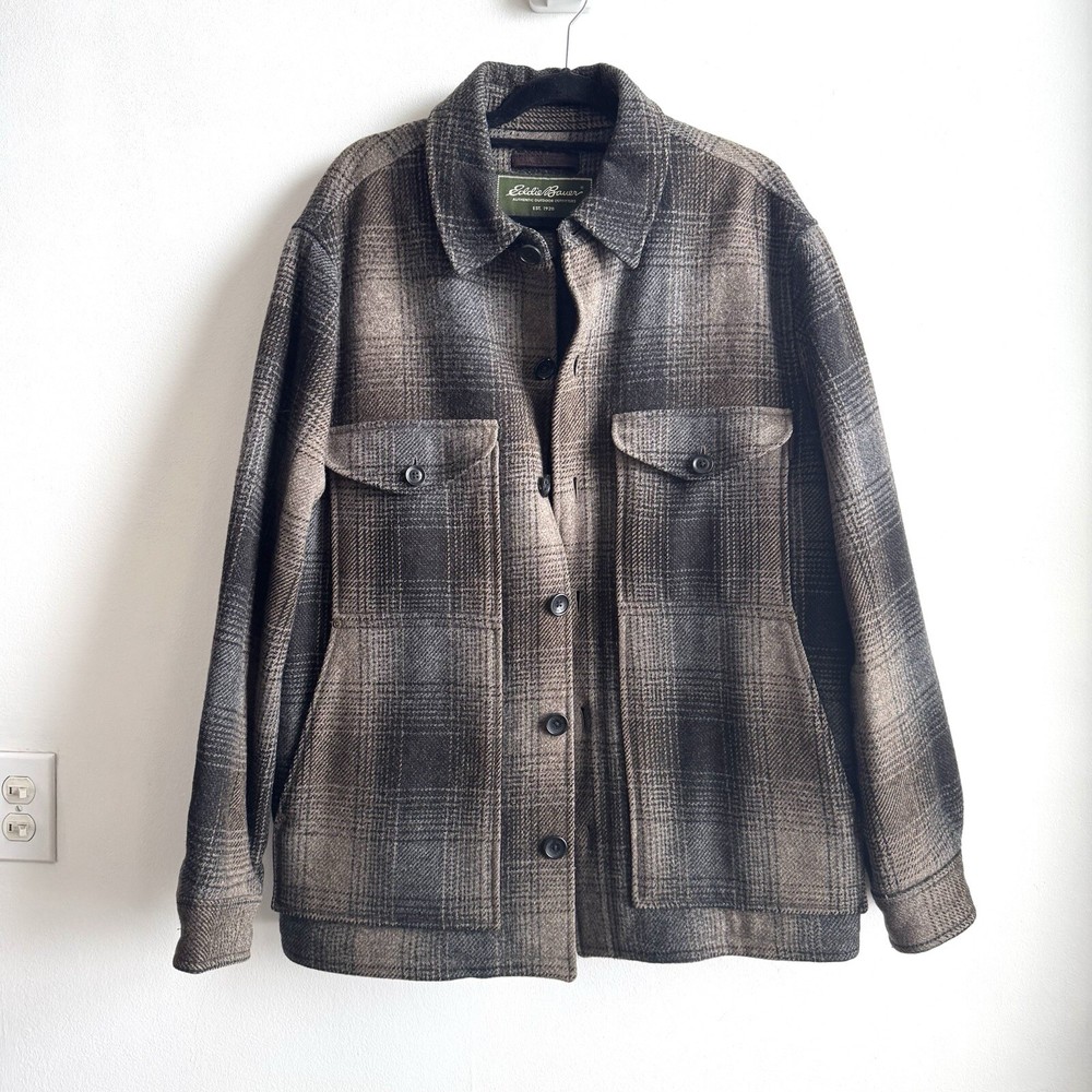 Eddie Bauer XL Wool Blend Quilted Plaid Flannel Shirt Jacket