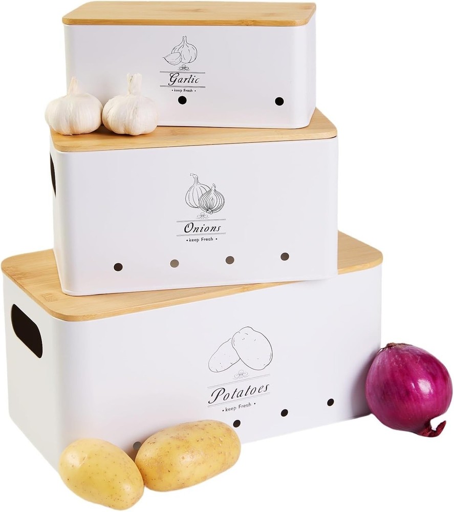 3 Pack Metal Vegetable Storage,Potato Onion Garlic Storage Set,Kitchen Canist...