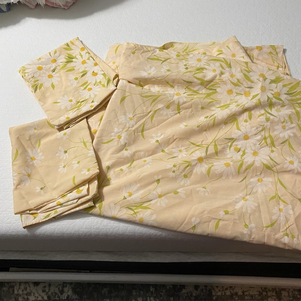 3 Pc Vintage Morgan Jones Peach Daisies Double Bed Flat Sheet & 2 Pillowcases 🌼