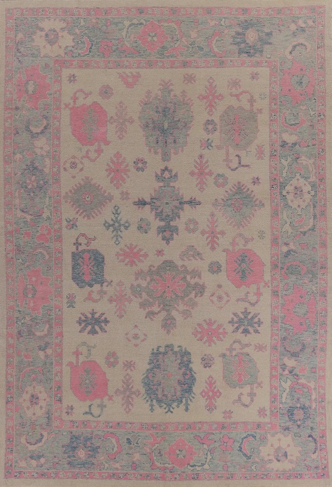 Hand Knotted Oushak Rug Muted Pink Grey Beige Turkish Wool Area Rug