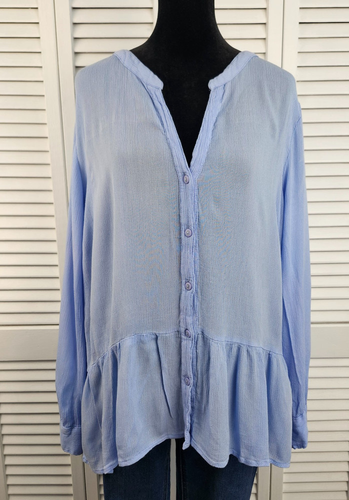 Life Style Boho Top size M Light Blue Gauze Long Sleeve Ruffle Spring Coastal