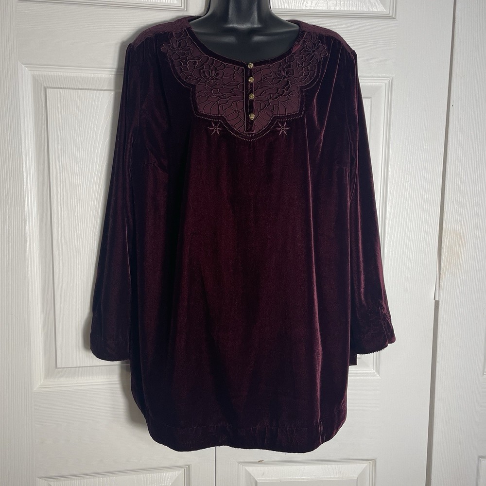 Soft Surroundings Velvet Poet Tunic Women XL Maroon Embroidered Bib Neck Shirt