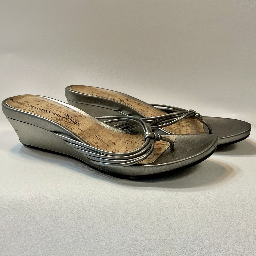 Montego Bay Club Wedge Flip Flops Cork Platform And Metallic Silver Size 7.5