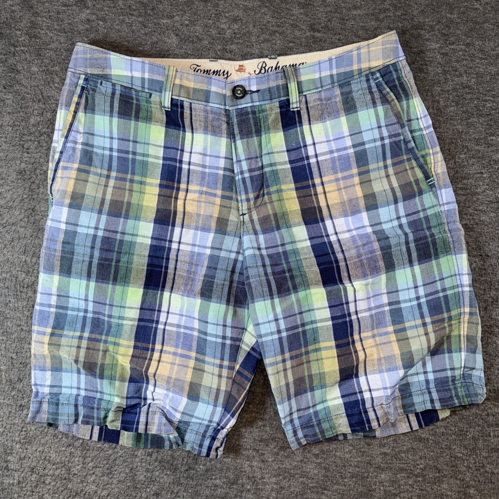 Tommy Bahama Mens Linen Blend Shorts Summer Beach Blue Green Plaid Sz 32
