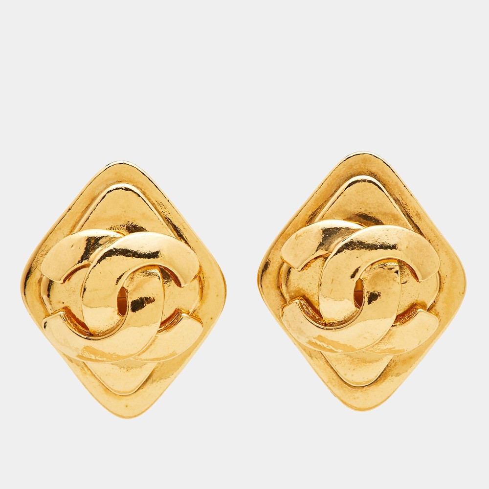 Chanel CC Gold Tone Rhombus Clipon Earrings