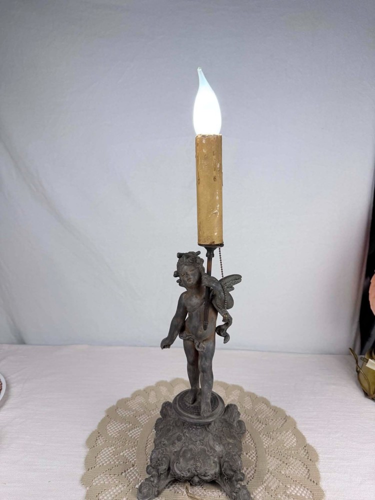 Vintage Cherub Putti Figural Table Lamp Original Finish Beautiful Aged Patina