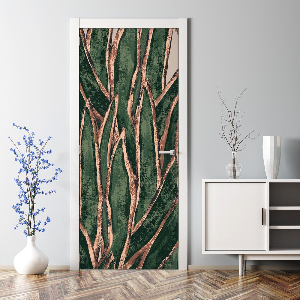 Adhesive door sticker with long leaf floral and wrack ornament pattern