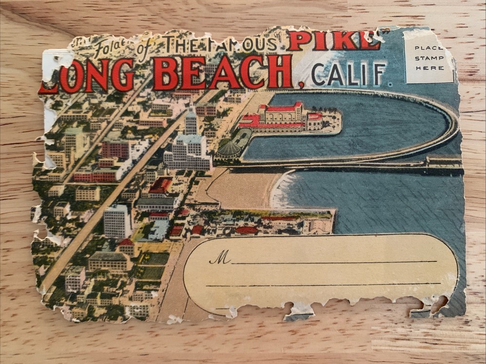 Mid Century Fold Out Postcard Long Beach CA Souvenir Folder 18 Views Linen