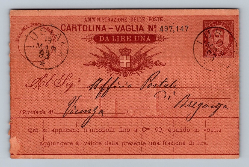 Italy- National Postal Money Order Value One Lira Old PC Vintage c1893 Postcard