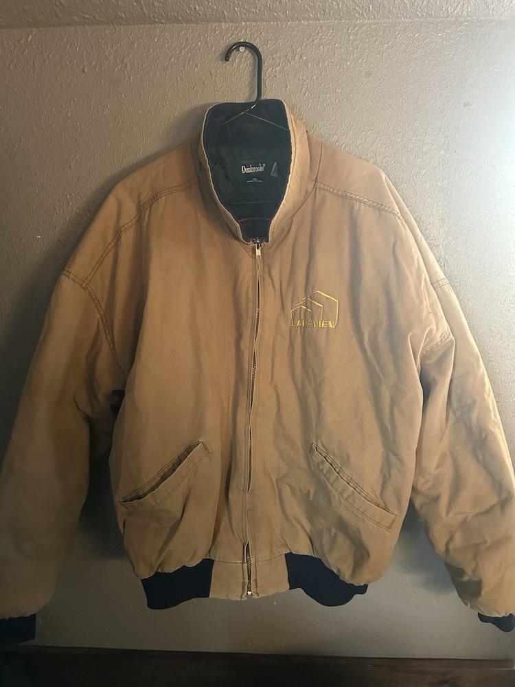 Dunbrooke Men's Tan Navy Bomber Jacket Zip Embroidered Logo Size 2XL