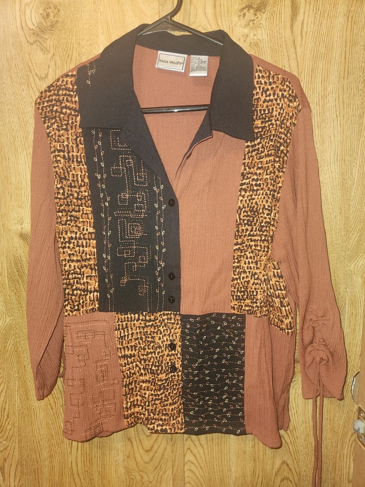 Napa Valley Size XL Dark Rust  Brown Blouse With Front Buttons And Drawstring