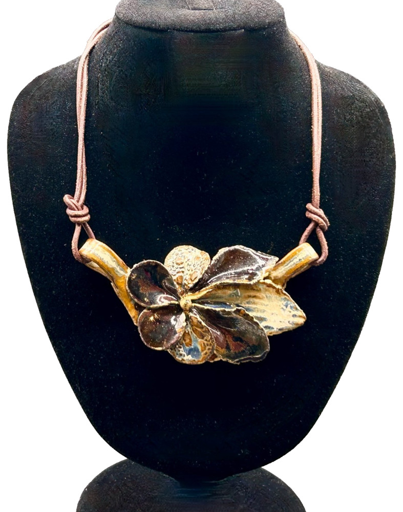 Large Flower Pendant Statement Necklace Artisan Boho Orchid Floral Leather Cord