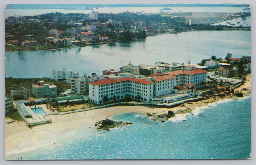 San Juan Puerto Rico~Condado Beach Hotel Aerial View~Vintage Postcard