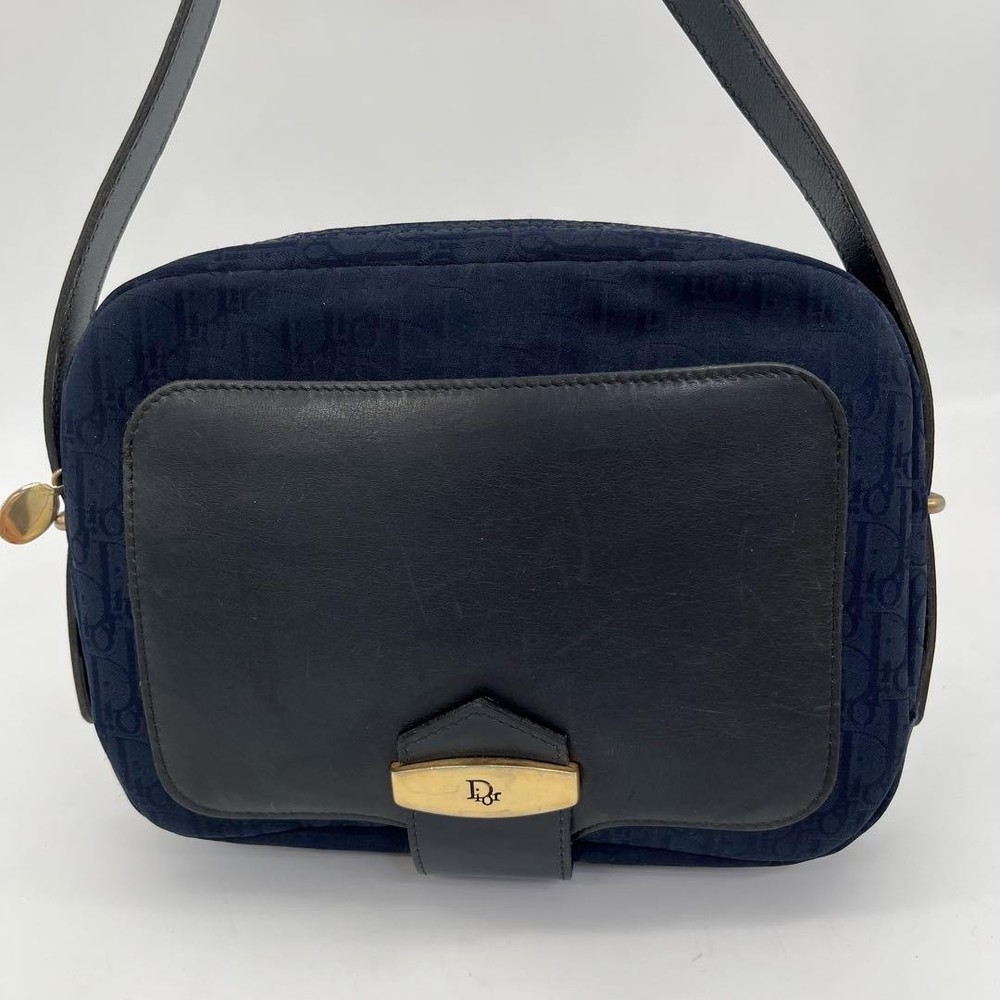 Christian Dior Trotter Canvas Leather Crossbody Bag Navy Gold Authentic