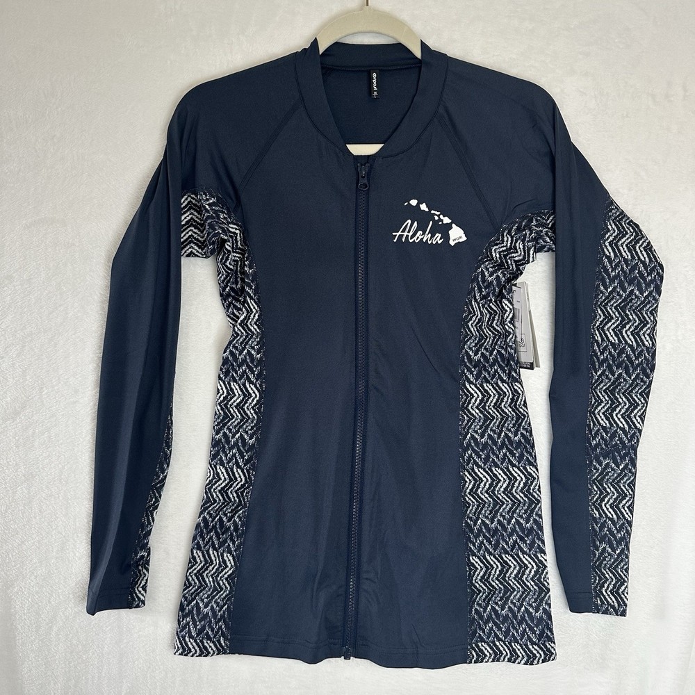 Rip Curl Rash Guard Sun Shirt Aloha Hawaii Surf Zip Up Navy Size 14 Large NWT
