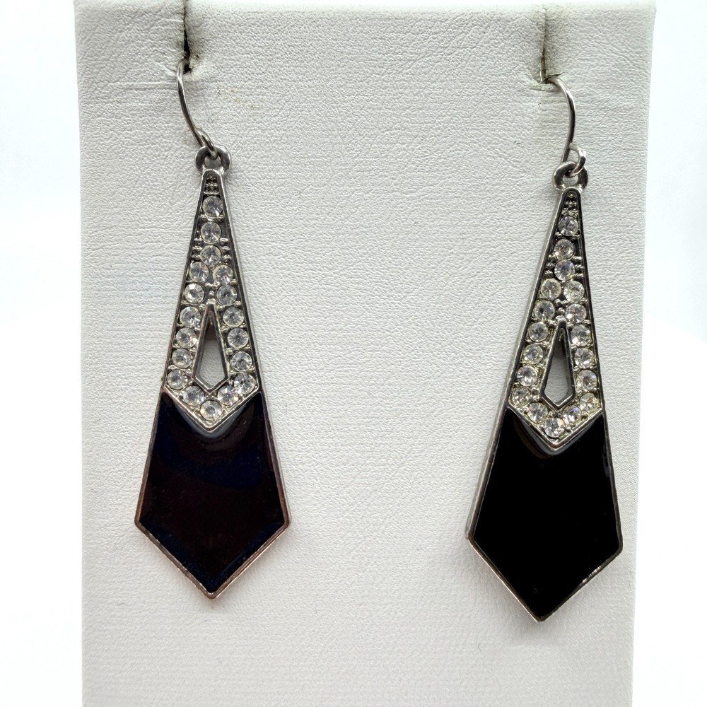 Vintage Black Enamel Geometric Dangle Earrings Silver Tone Rhinestone Accents