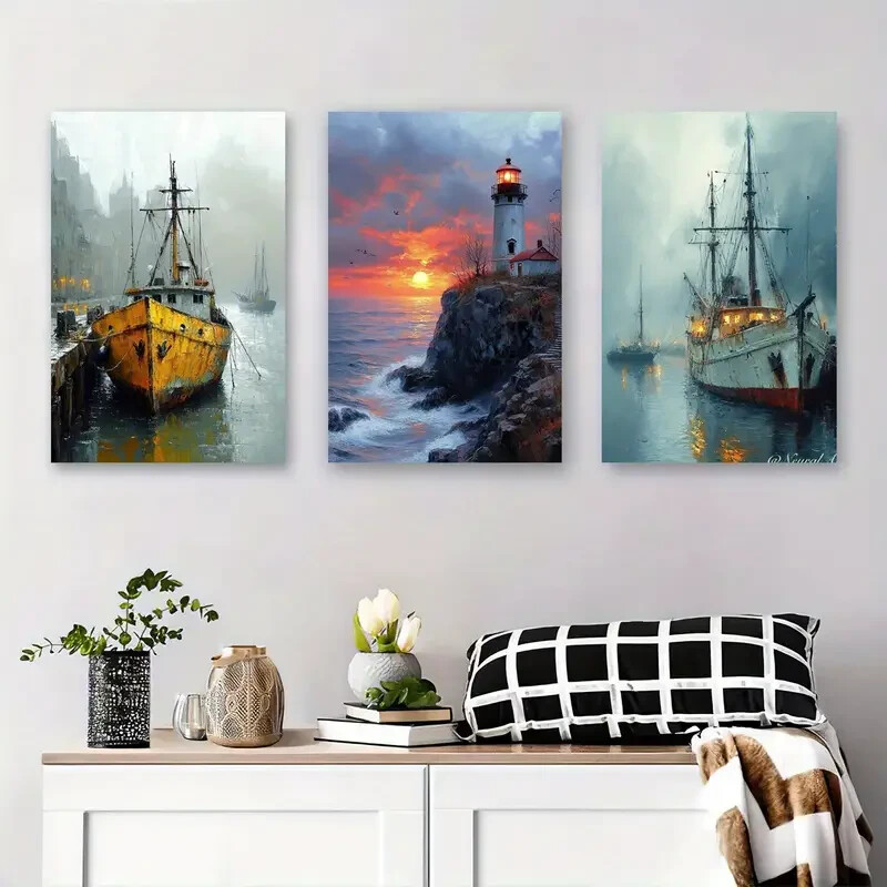 3pcs Coastal Sunset, Ocean Waves, Vintage Ships Metal Print  Ready to Hang Art