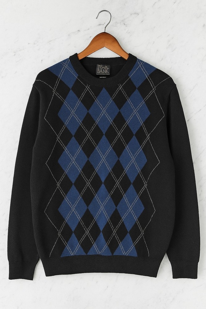 Jos. A. Bank Mens Black Argyle Lambs Wool Blend V Neck Sweater Large Preppy Goth