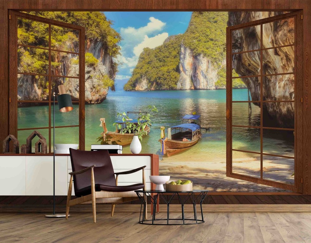 3D Window Sea Boat Landscape Wall Murals Wallpaper Murals Wall Sticker