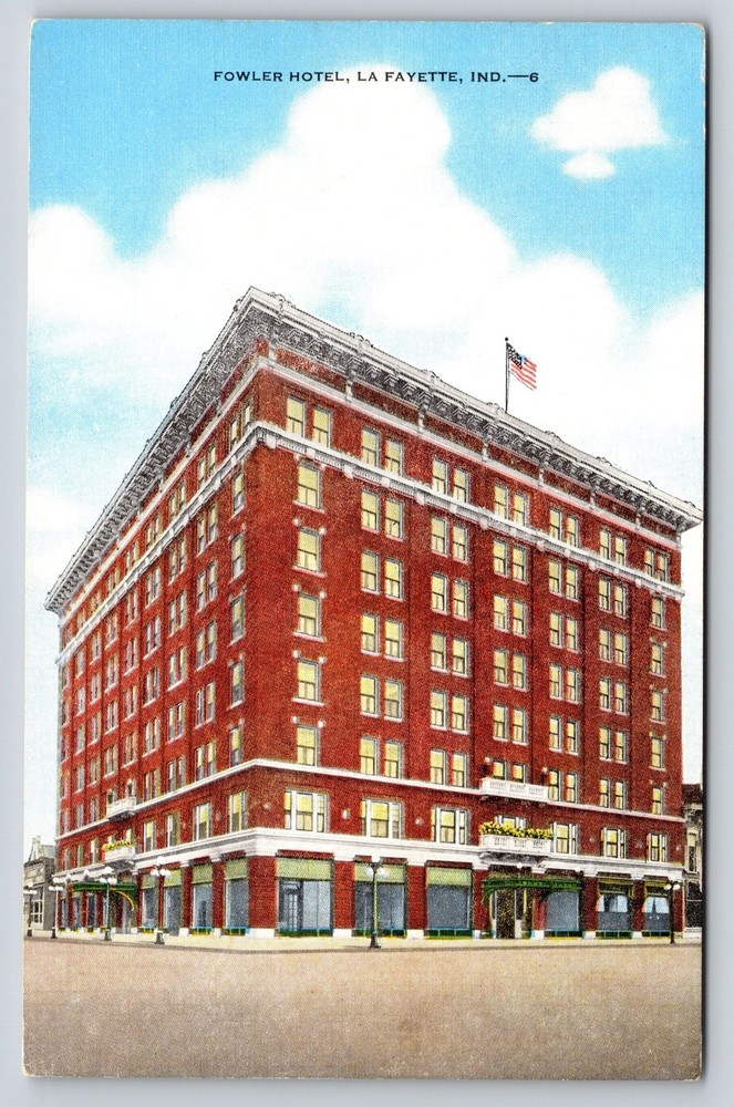 Lafayette Indiana~Fowler Hotel Exterior View~Red Brick Bldg~Flag~Linen 1941 PC