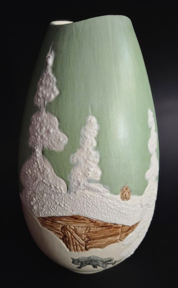Ceramic Winter Scene Vase Snow Cabin & Wolf Midnight Sun Ceramics Alaska Signed