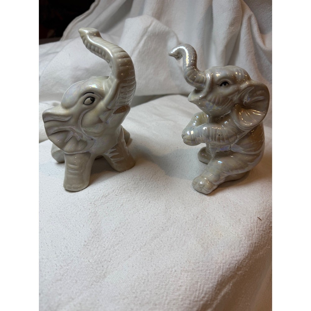 Vintage Ceramic Elephant Figurines Iridescent Finish Pair Lucky Trunk Up Decor
