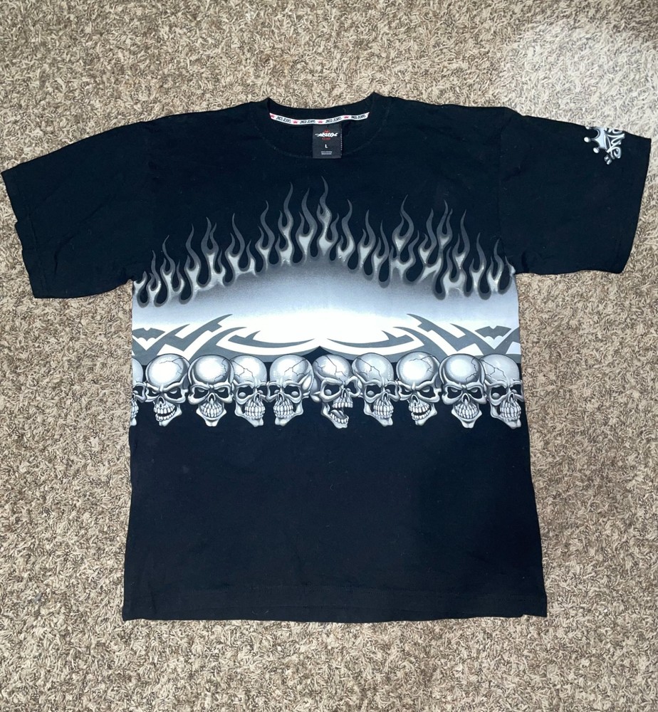 Vintage Y2K Jnco Jeans Black Skull Flame Wrap Around Print Cotton T Shirt Large