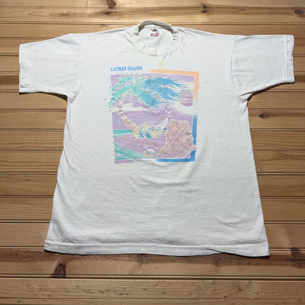 Vintage 90s Cayman Islands Beach Palm Tree Tropical Graphic T-Shirt USA - Large