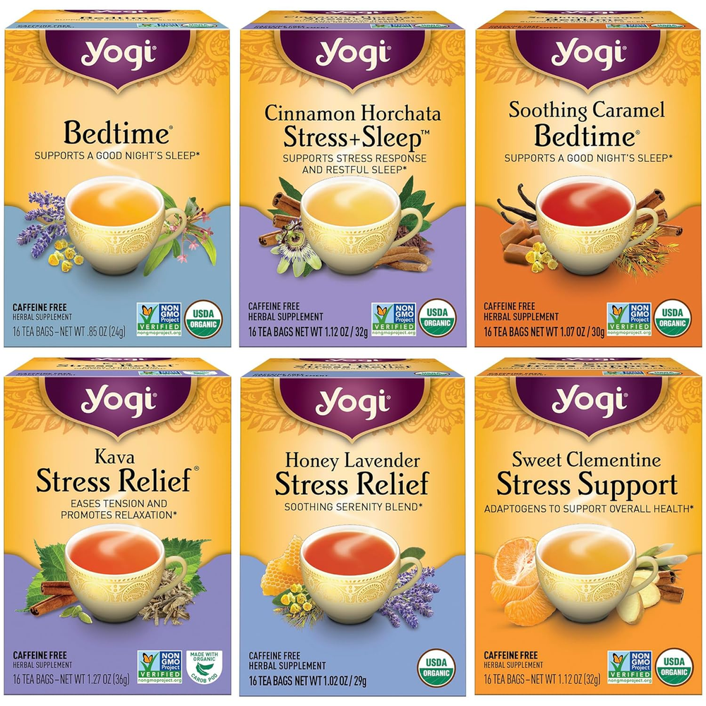 Tea Stress Relief & Herbal Variety Sampler - 16 Bags per Pack (6 Packs) - Organi