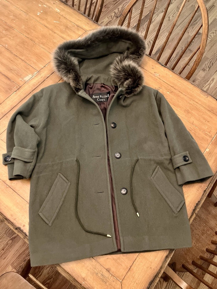 Vintage Anne Klein Green Jacket Wool Fur Hooded Coat Ladies Union Made Medium