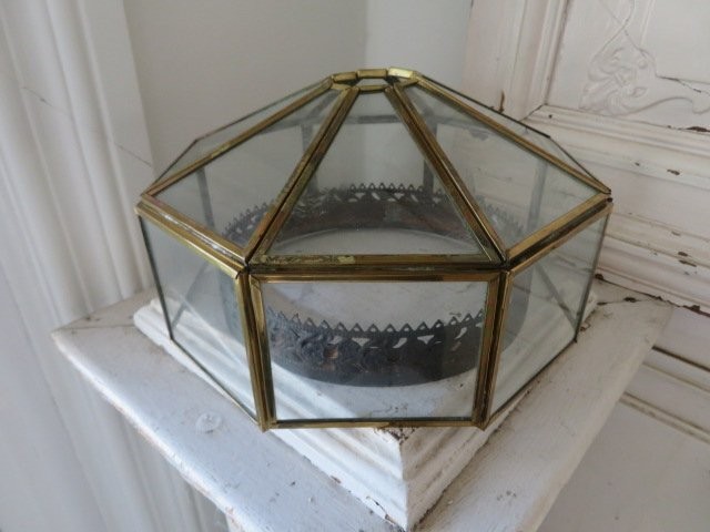 Vintage GLASS & BRASS GEOMETRIC TERRARIUM or Dome Display Cover & Filigree Ring
