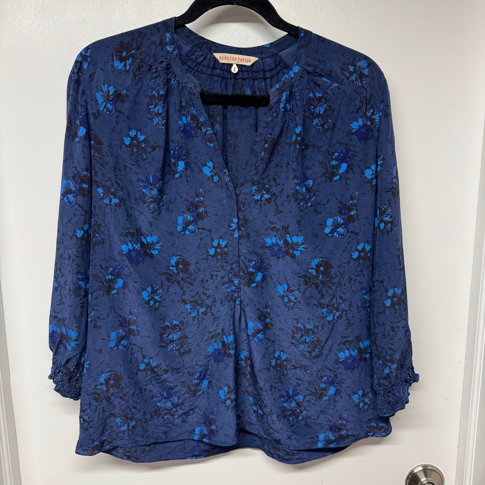 Rebecca Taylor Womens Blue Floral Silk 3/4 Sleeve Blouse Size 2 XS