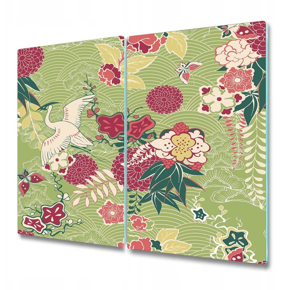 Tempered Glass Worktop protector Oriental silk pink and green large 2x30x52