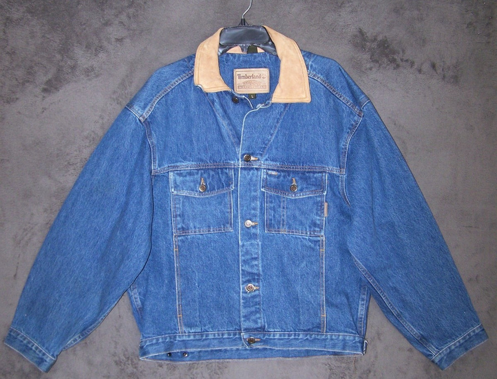 Timberland Jacket Adult Large Blue Classic Denim Weather Gear Leather Collar Men