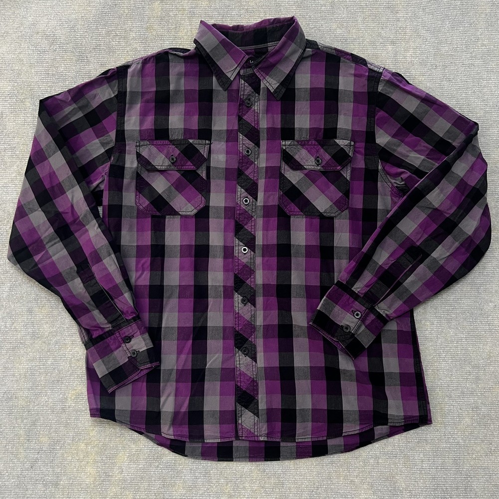 Eighty Eight Mens Sz Lrg Black Gray Purple Plaid Long Sleeve Button Down Shirt