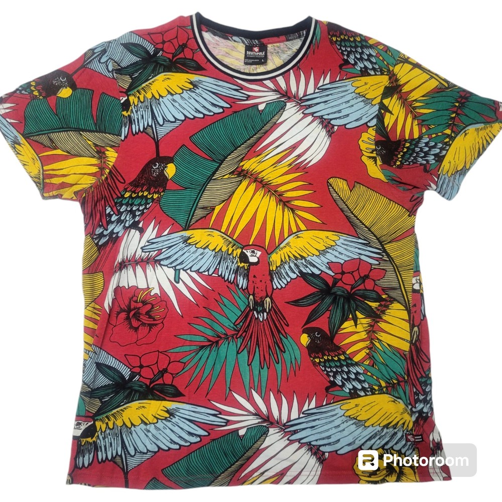 Southpole T Shirt Sz. L Hawaiin Tropical AOP Palm Tree Beach Striped Collar Y2k