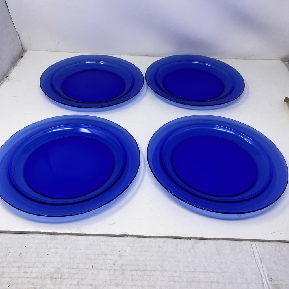 Set Of 4Vintage Cobalt Blue Glass Rimmed Salad Plates 9 1/4” luncheon Plate
