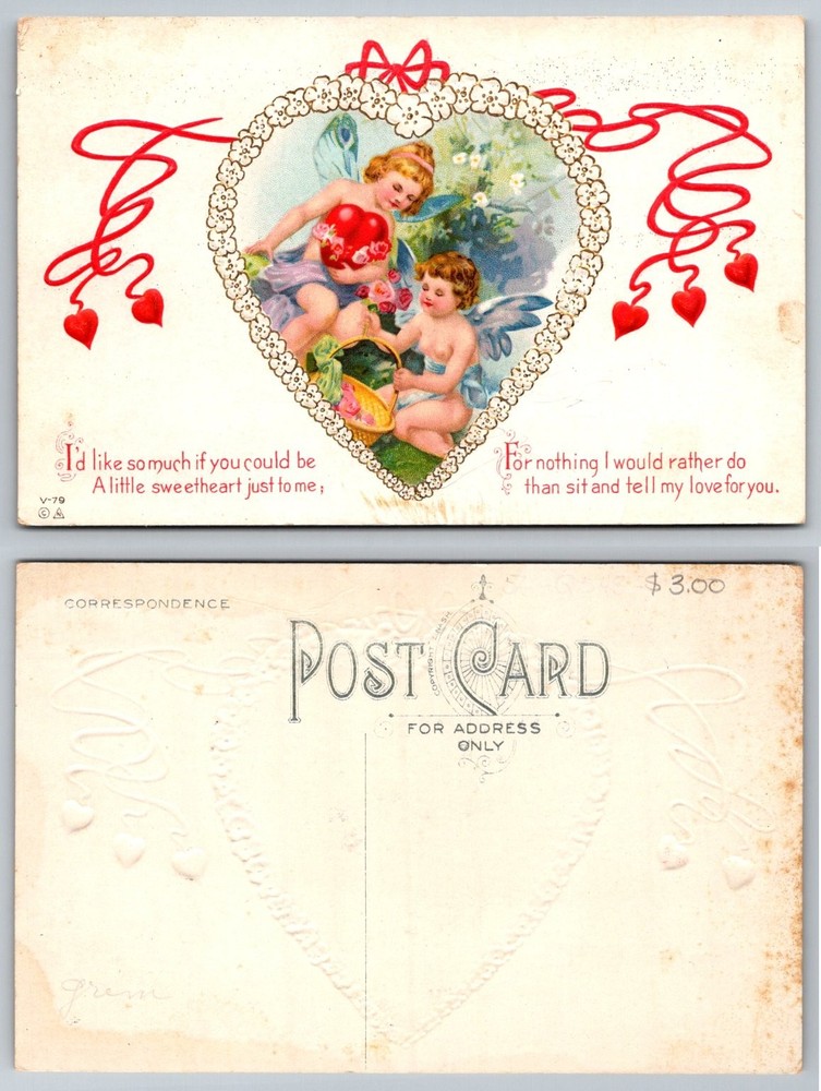 Vintage Valentine Postcard Embossed Cherubs Cupid Hearts Nash V-79 Sweetheart