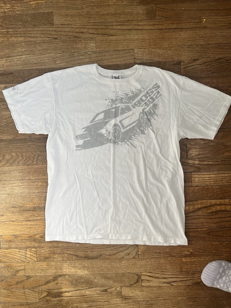 Ford Racing 302 Boss Mustang  White Black Mens XL Graphic Logo T Shirt ANVIL