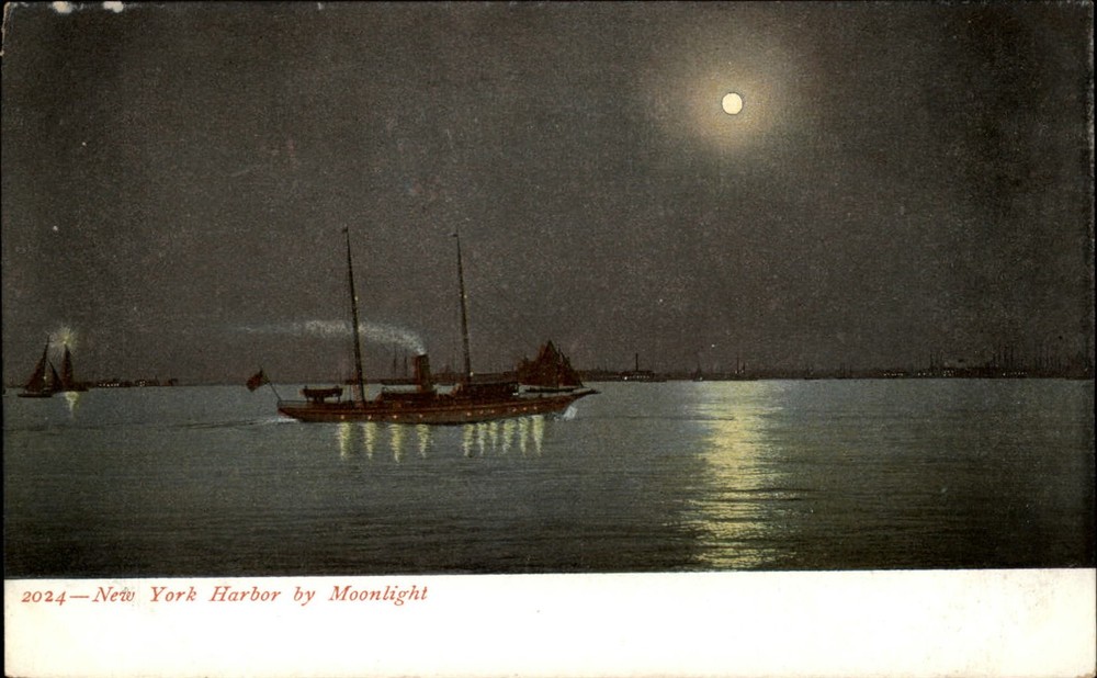 New York New York ~ New York Harbor by moonlight ~ full moon ~ UDB postcard