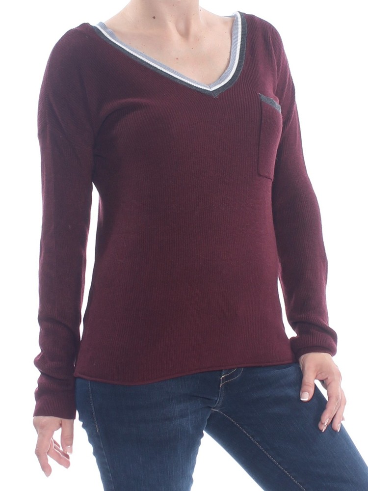 HIPPIE ROSE Womens Burgundy Long Sleeve V Neck Pocket Top